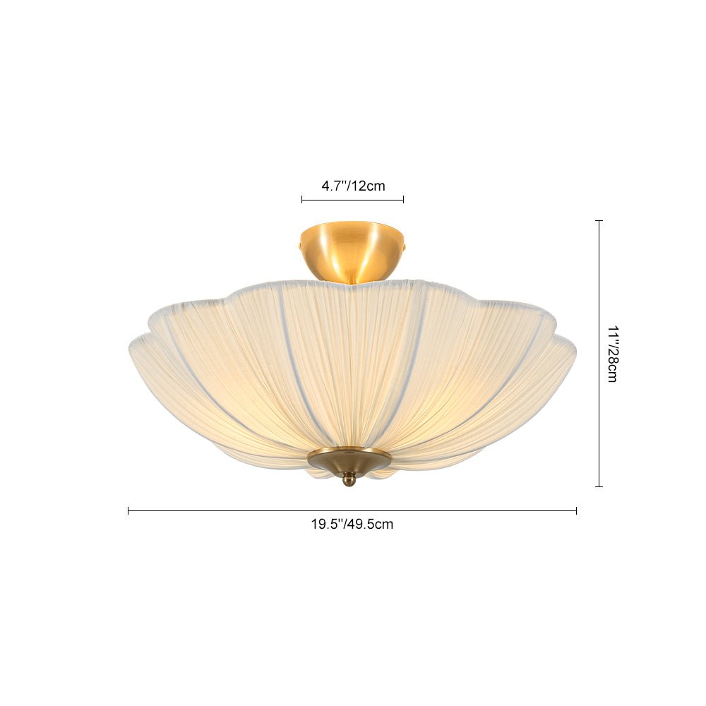 Three-Light Ceiling Lamp with Gathered Fabric Dome and Brass Accents