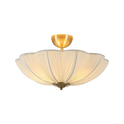 Three-Light Ceiling Lamp with Gathered Fabric Dome and Brass Accents