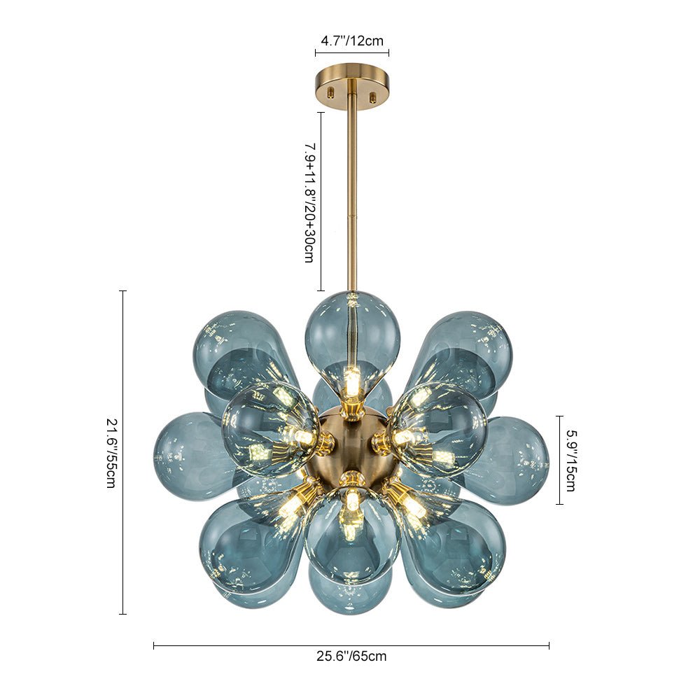18-Light Glass Globe Ceiling Chandelier Blue Orb Sputnik Design Gold Frame Adjustable Height Hardwired for Dining Room Foyer
