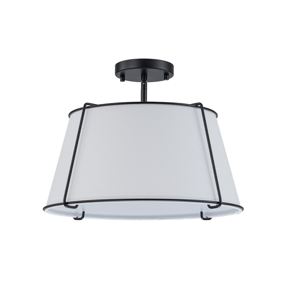 4-Light Linen Drum Semi Flush Ceiling Light with Brass Accents for Living Room, Dining Room, Bedroom | Mid-Century Modern Tapered Shade