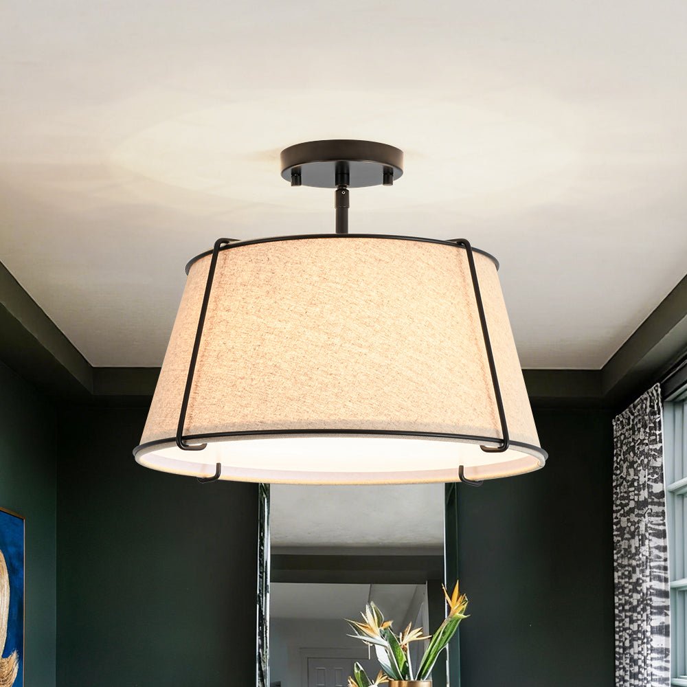 4-Light Linen Drum Semi Flush Ceiling Light with Brass Accents for Living Room, Dining Room, Bedroom | Mid-Century Modern Tapered Shade