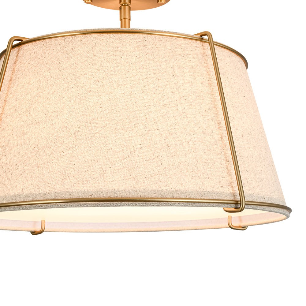 4-Light Linen Drum Semi Flush Ceiling Light with Brass Accents for Living Room, Dining Room, Bedroom | Mid-Century Modern Tapered Shade