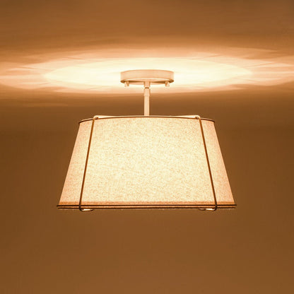 4-Light Linen Drum Semi Flush Ceiling Light with Brass Accents for Living Room, Dining Room, Bedroom | Mid-Century Modern Tapered Shade