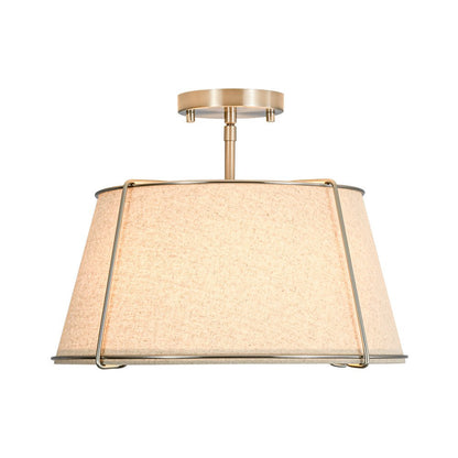 4-Light Linen Drum Semi Flush Ceiling Light with Brass Accents for Living Room, Dining Room, Bedroom | Mid-Century Modern Tapered Shade