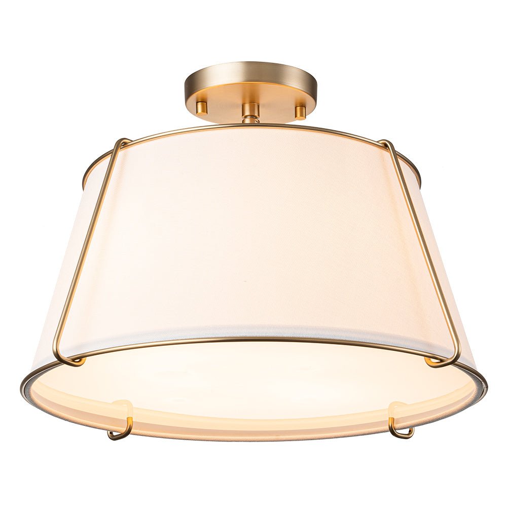 4-Light Linen Drum Semi Flush Ceiling Light with Brass Accents for Living Room, Dining Room, Bedroom | Mid-Century Modern Tapered Shade
