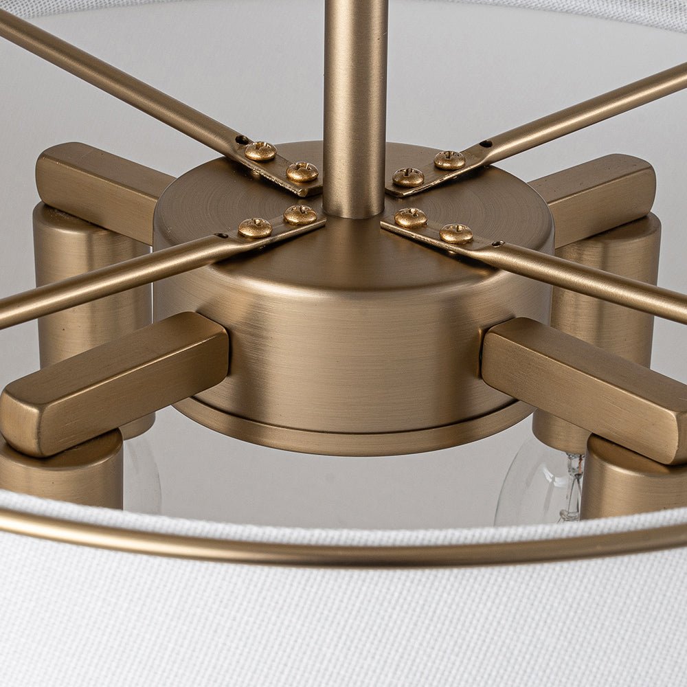 4-Light Linen Drum Semi Flush Ceiling Light with Brass Accents for Living Room, Dining Room, Bedroom | Mid-Century Modern Tapered Shade