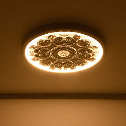 19-inch Resin LED Flush Mount Light with Relief Ornament Matte White Dimmable for Bedroom Living Room Hallway 3000K Warm Glow Decorative Low