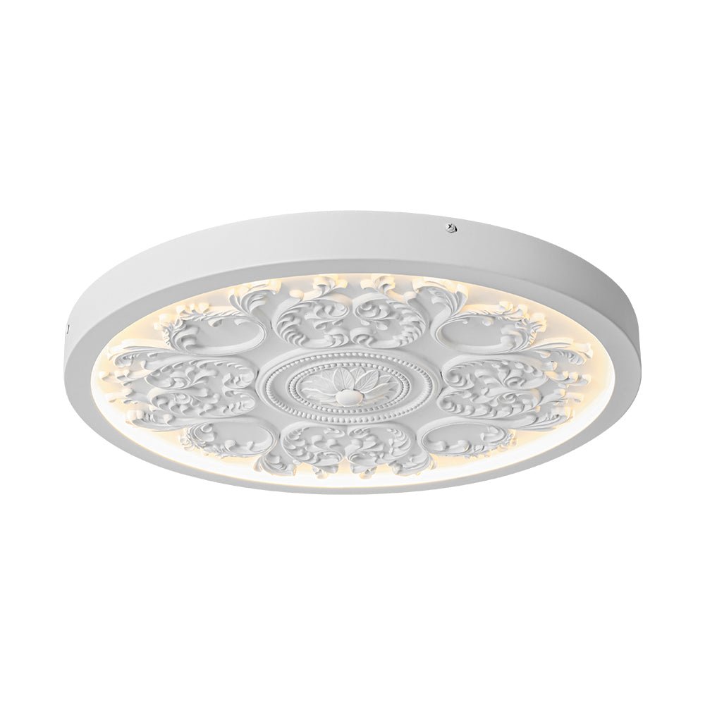 19-inch Resin LED Flush Mount Light with Relief Ornament Matte White Dimmable for Bedroom Living Room Hallway 3000K Warm Glow Decorative Low