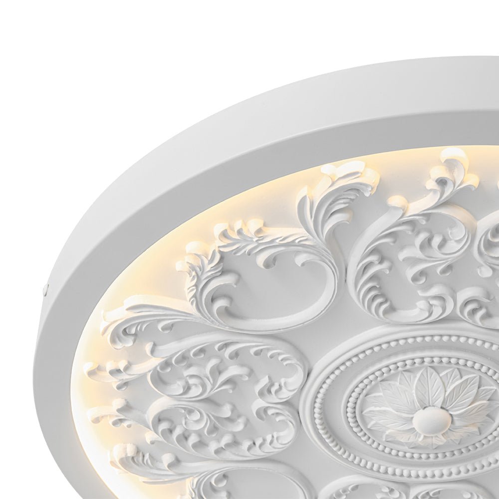 19-inch Resin LED Flush Mount Light with Relief Ornament Matte White Dimmable for Bedroom Living Room Hallway 3000K Warm Glow Decorative Low