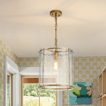 Ribbed Glass Cage Hanging Light 13 in Brass or Nickel for Kitchen Counter & Dining Table with Adjustable 79 in Chain
