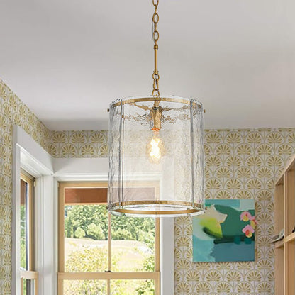 Ribbed Glass Cage Hanging Light 13 in Brass or Nickel for Kitchen Counter & Dining Table with Adjustable 79 in Chain