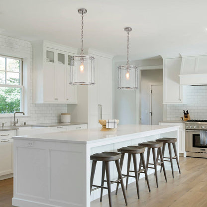 Ribbed Glass Cage Hanging Light 13 in Brass or Nickel for Kitchen Counter & Dining Table with Adjustable 79 in Chain