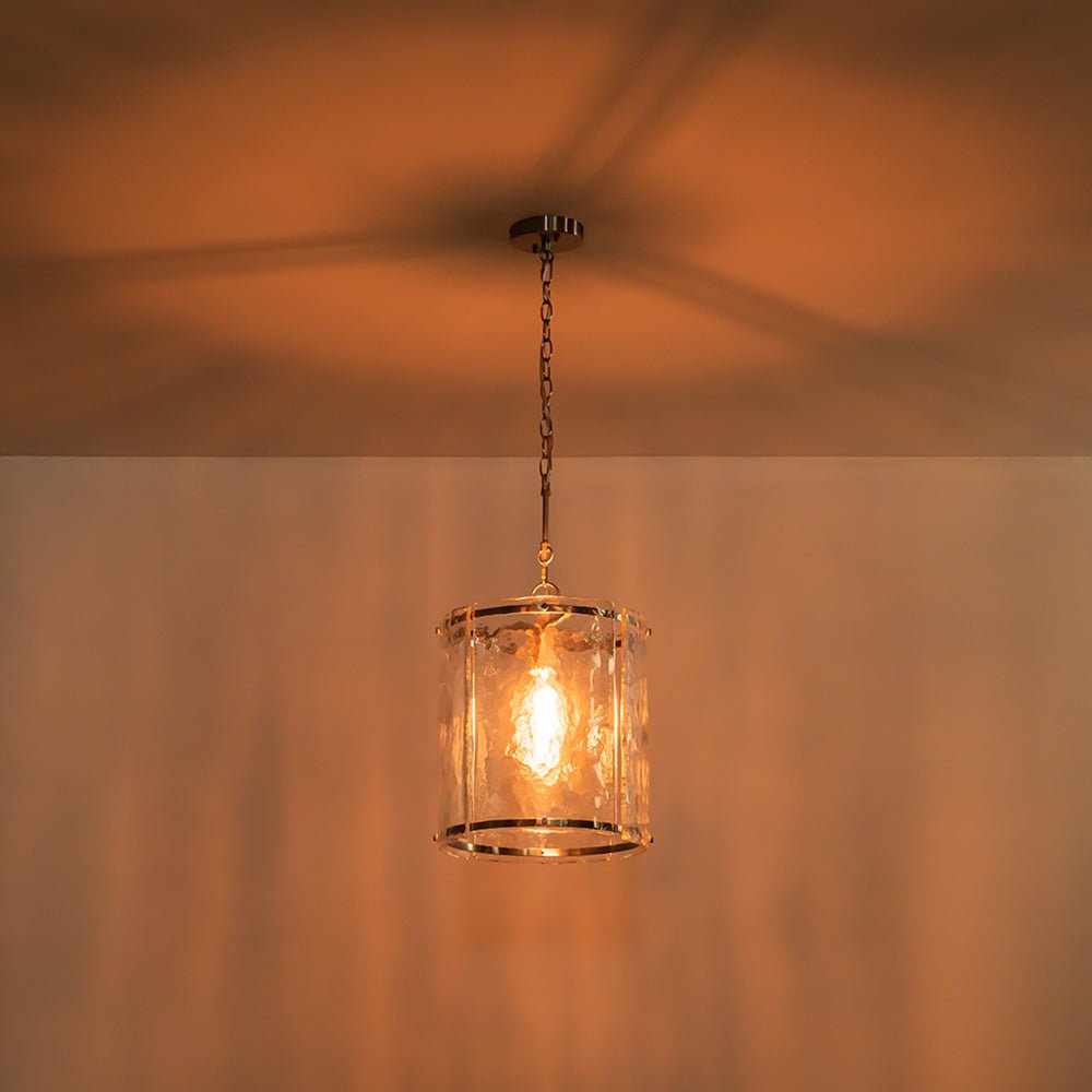 Ribbed Glass Cage Hanging Light 13 in Brass or Nickel for Kitchen Counter & Dining Table with Adjustable 79 in Chain