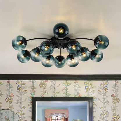 12-Arm Starburst Ceiling Light with Gradient Azure Sphere Shades & Metallic Finish for Entryway