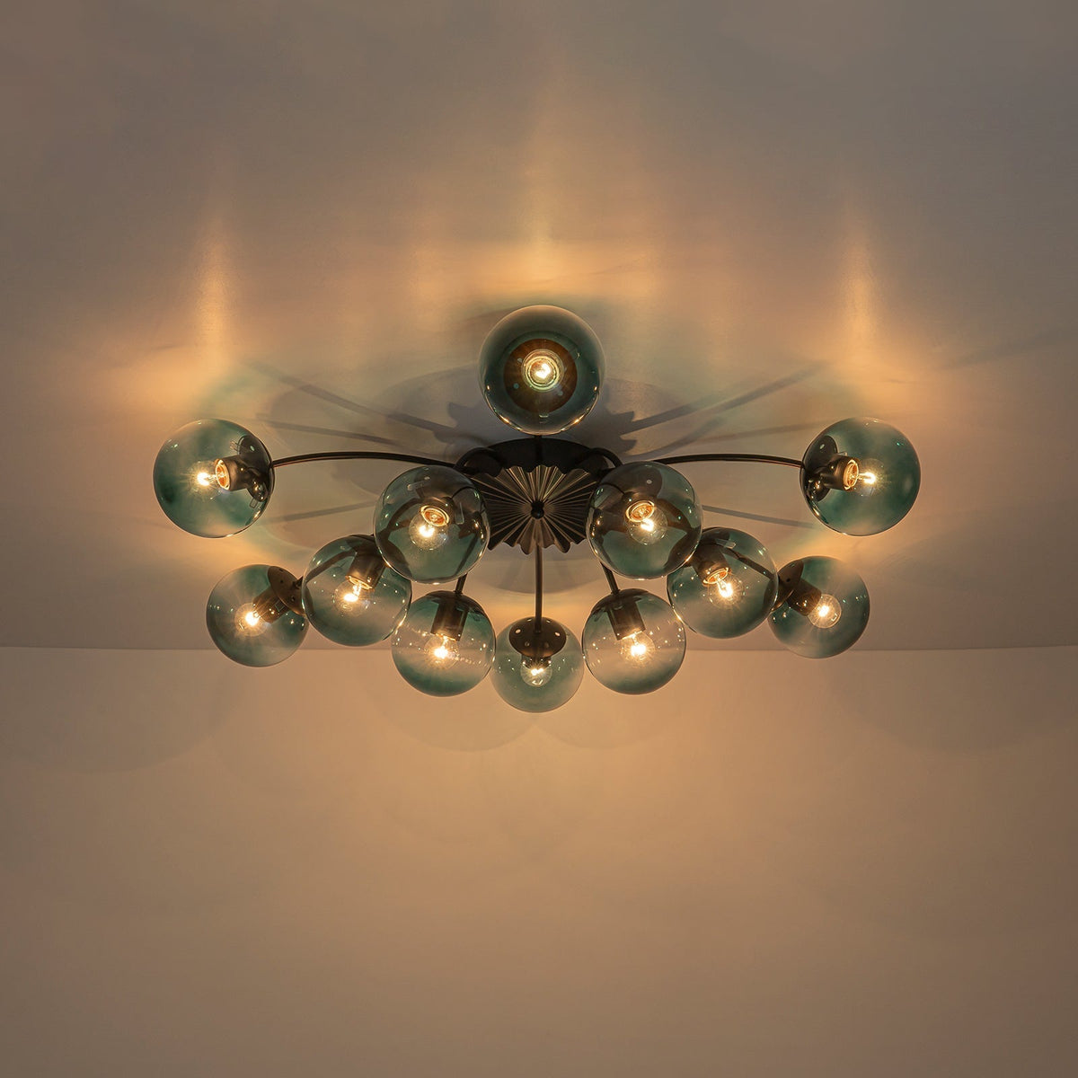 12-Arm Starburst Ceiling Light with Gradient Azure Sphere Shades & Metallic Finish for Entryway