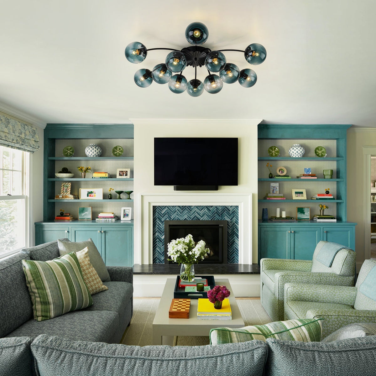 12-Arm Starburst Ceiling Light with Gradient Azure Sphere Shades & Metallic Finish for Entryway