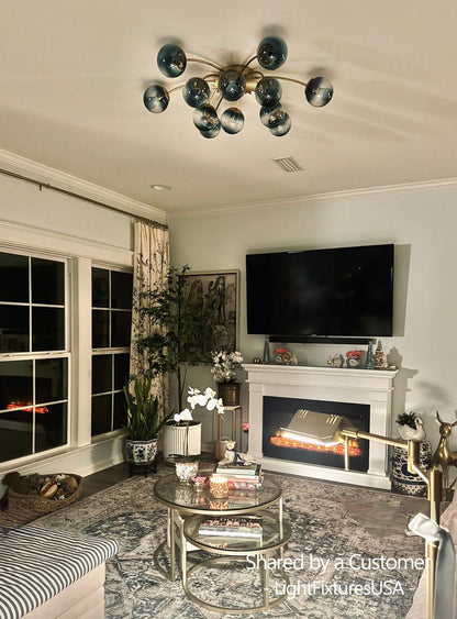 12-Arm Starburst Ceiling Light with Gradient Azure Sphere Shades & Metallic Finish for Entryway