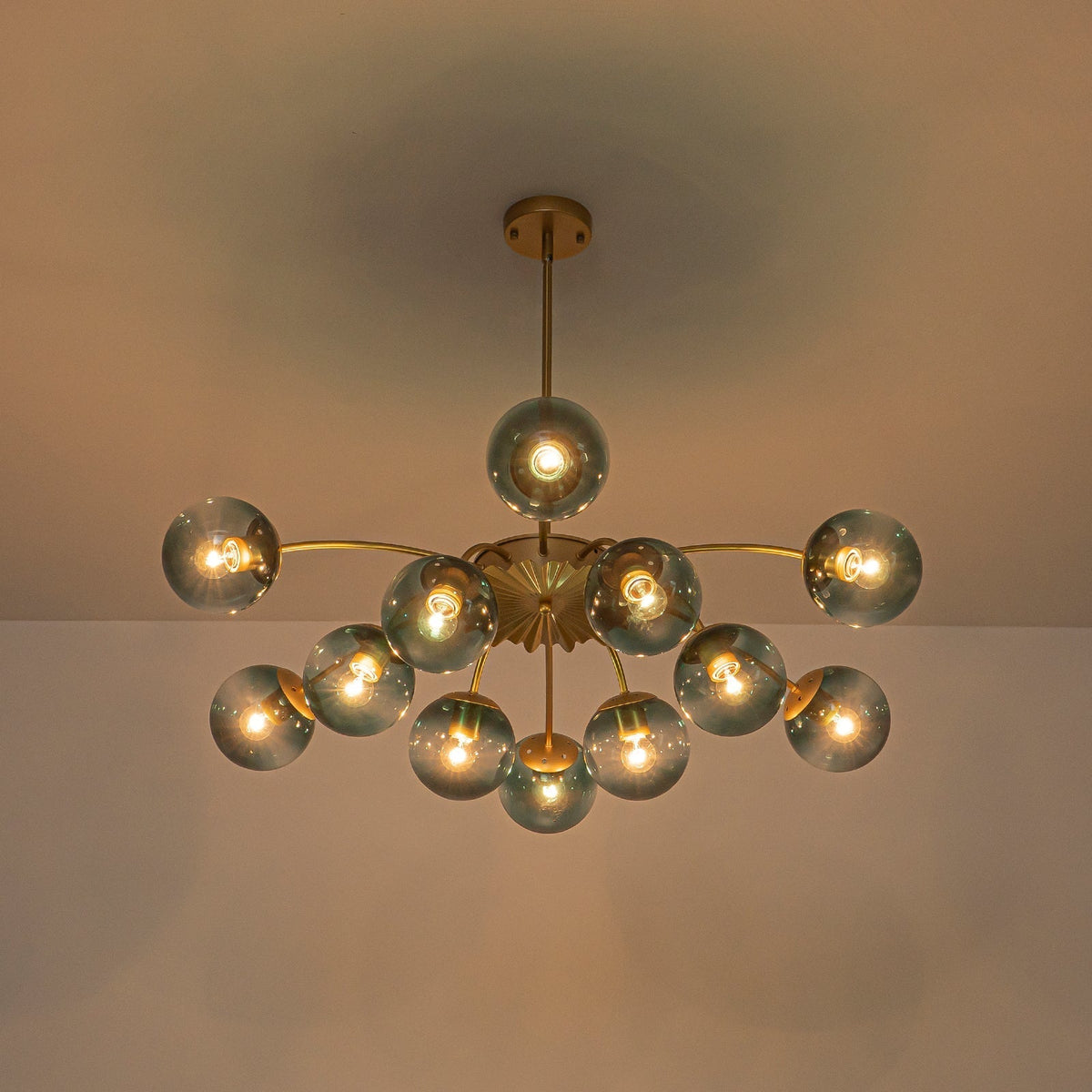 12-Arm Starburst Ceiling Light with Gradient Azure Sphere Shades & Metallic Finish for Entryway