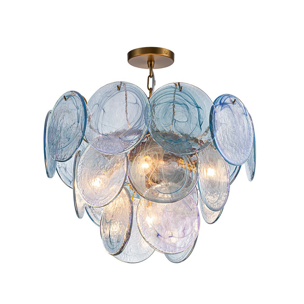 Layered Round Ceiling Fixture with Hand-Blown Sapphire Swirl Glass Discs for Dining Room & Entryway