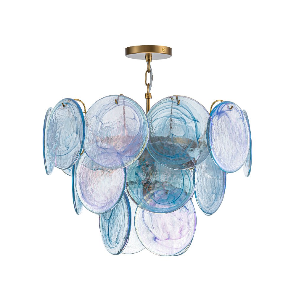 Layered Round Ceiling Fixture with Hand-Blown Sapphire Swirl Glass Discs for Dining Room & Entryway