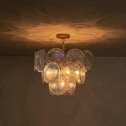 Layered Round Ceiling Fixture with Hand-Blown Sapphire Swirl Glass Discs for Dining Room & Entryway