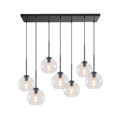 Seven-Globe Hanging Light with Adjustable Height Cords for Kitchen Island & Dining Table, Clear Glass Spheres, 35-Inch Canopy, E26 Base, Dim