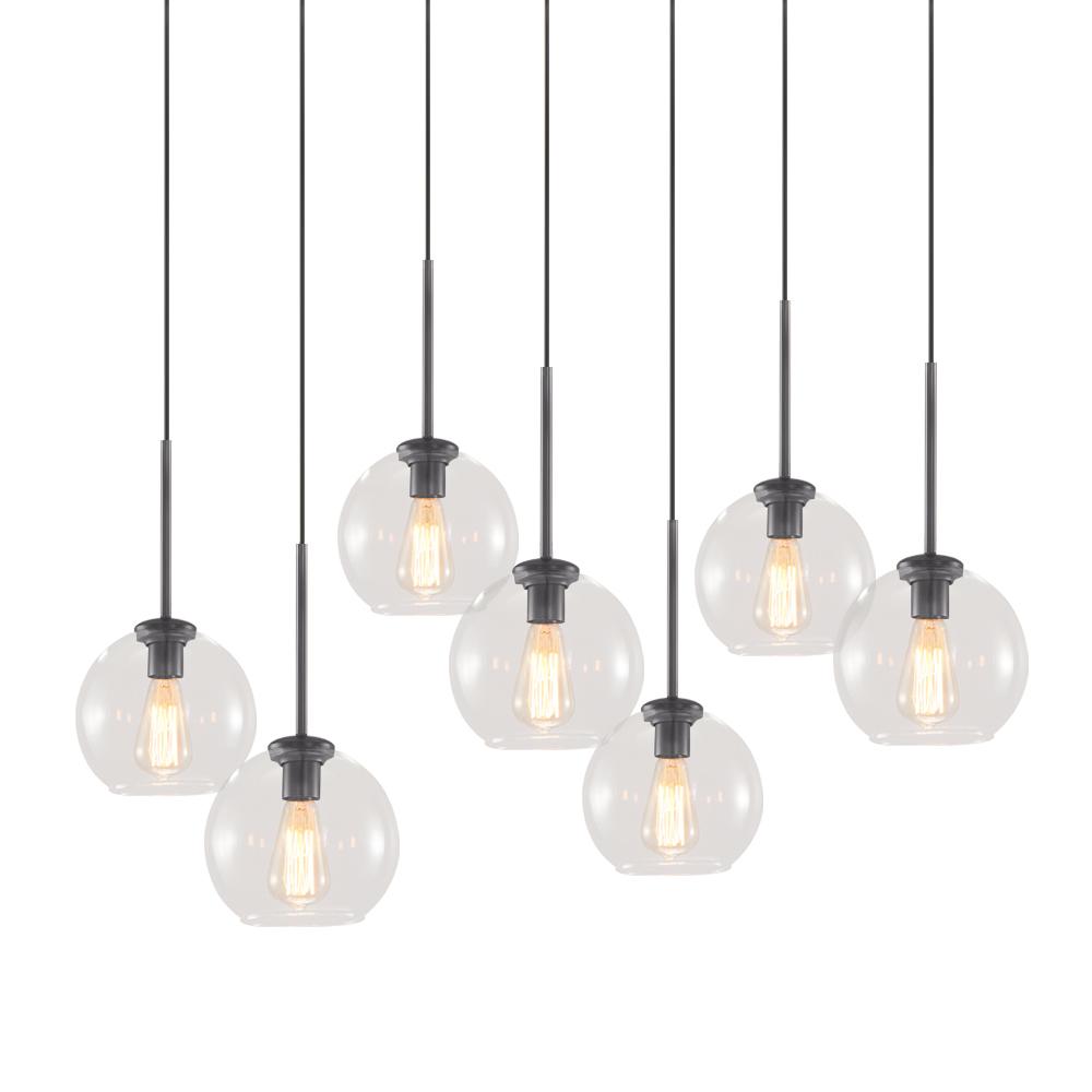 Seven-Globe Hanging Light with Adjustable Height Cords for Kitchen Island & Dining Table, Clear Glass Spheres, 35-Inch Canopy, E26 Base, Dim