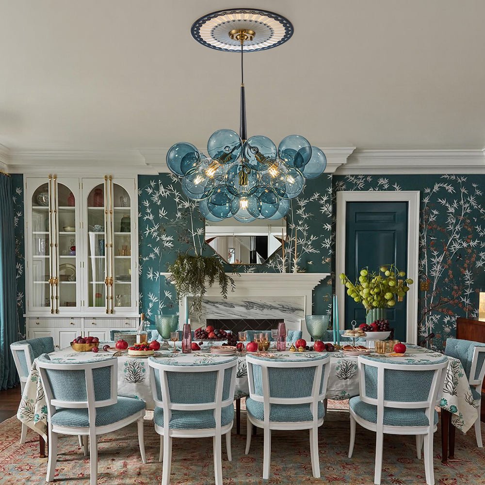 6-Light Sapphire Orb Suspended Fixture with Brass Hardware and LED Bulbs for Dining Room & Entryway