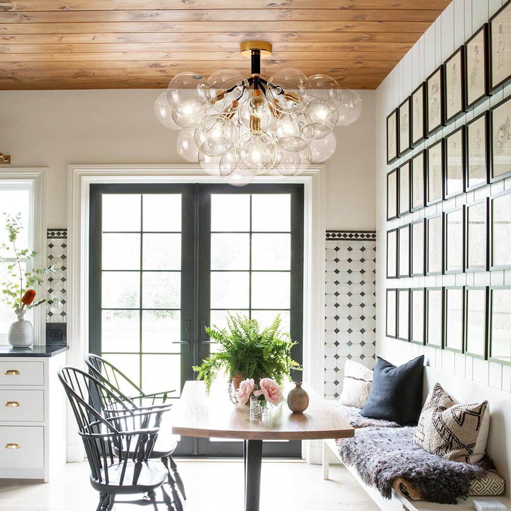 Multi-Globe Ceiling Light with Clear Glass Spheres and Metal Arms for Dining Room & Living Room