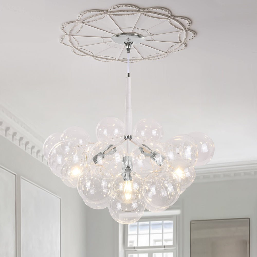 Multi-Globe Hanging Light Fixture Chrome 25 in Adjustable Suspension Cord 20 Glass Orbs LED Ceiling Lamp for Dining Living