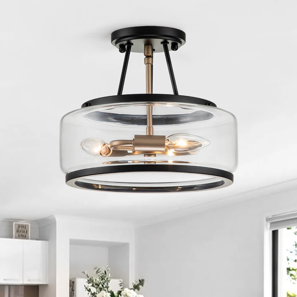 3-Light Clear Glass Ceiling Light Fixture Black Brass Farmhouse Drum Shade for Kitchen Bedroom Entryway Hallway Laundry Dining Room