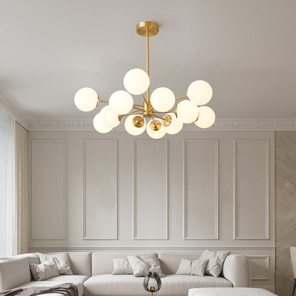 12-Light Mid-Century Ceiling Fixture with Frosted Glass Spheres & Golden Metal Arms for Dining Room, Foyer, Bedroom