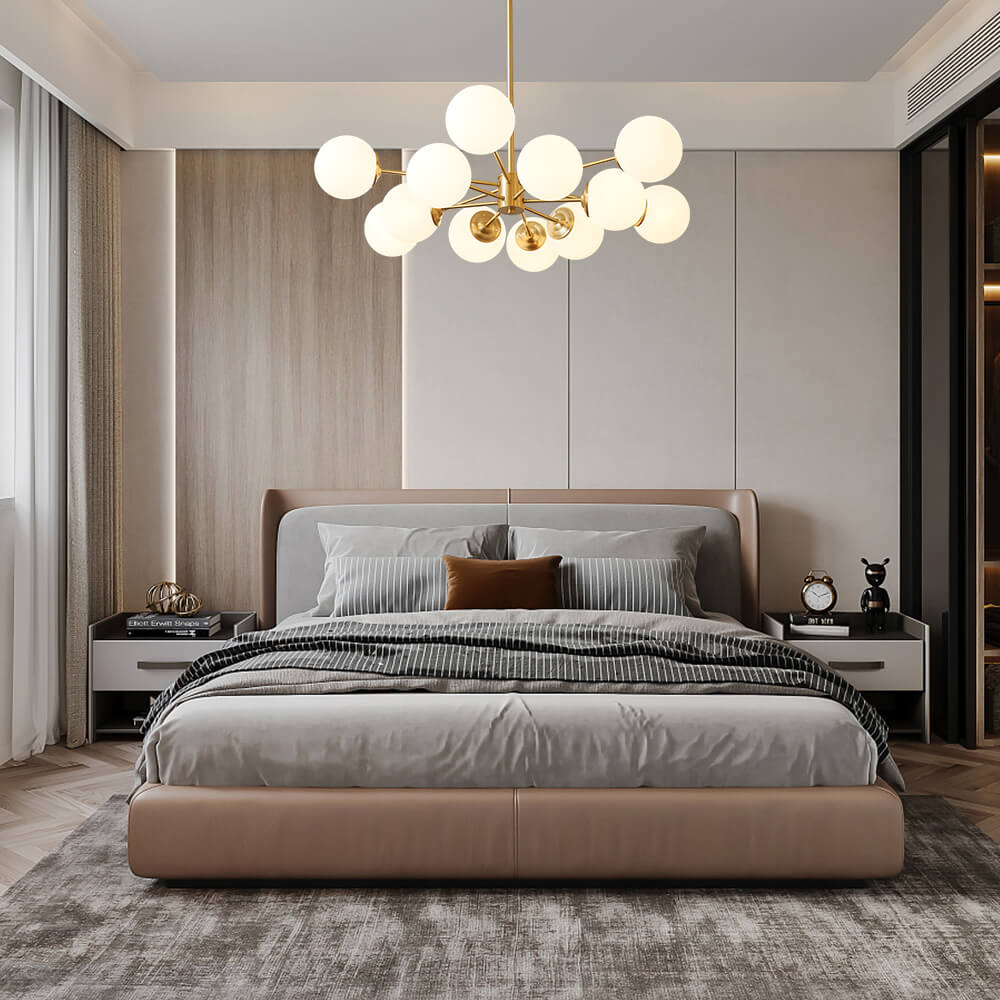 12-Light Mid-Century Ceiling Fixture with Frosted Glass Spheres & Golden Metal Arms for Dining Room, Foyer, Bedroom