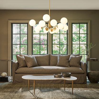 12-Light Mid-Century Ceiling Fixture with Frosted Glass Spheres & Golden Metal Arms for Dining Room, Foyer, Bedroom