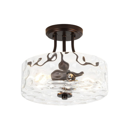 Textured Glass Semi-Flush Ceiling Light 12 Inch Round Drum for Bedrooms Bathrooms Hallways Entryways Compact Spaces Two Bulb Metal Frame Mod