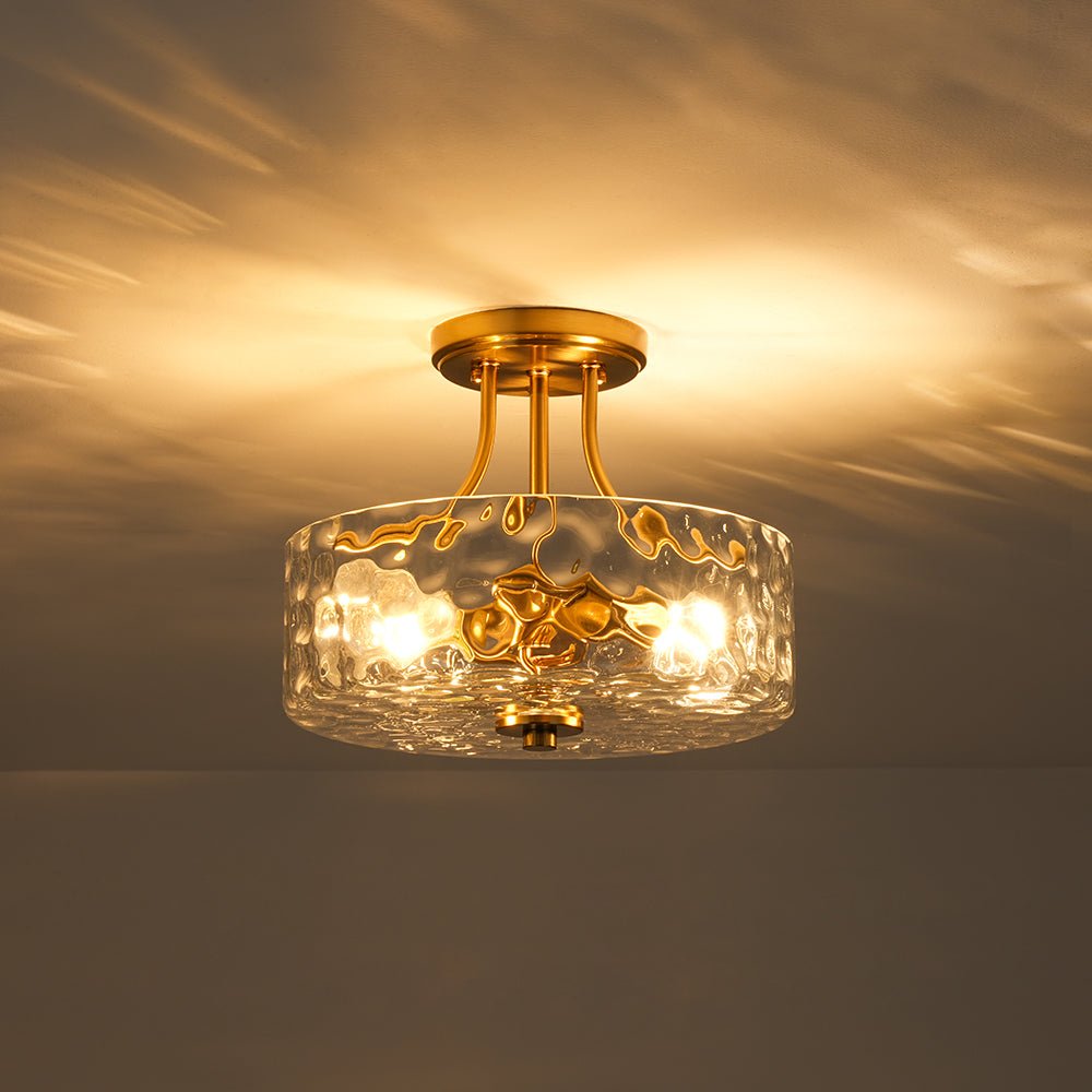 Textured Glass Semi-Flush Ceiling Light 12 Inch Round Drum for Bedrooms Bathrooms Hallways Entryways Compact Spaces Two Bulb Metal Frame Mod