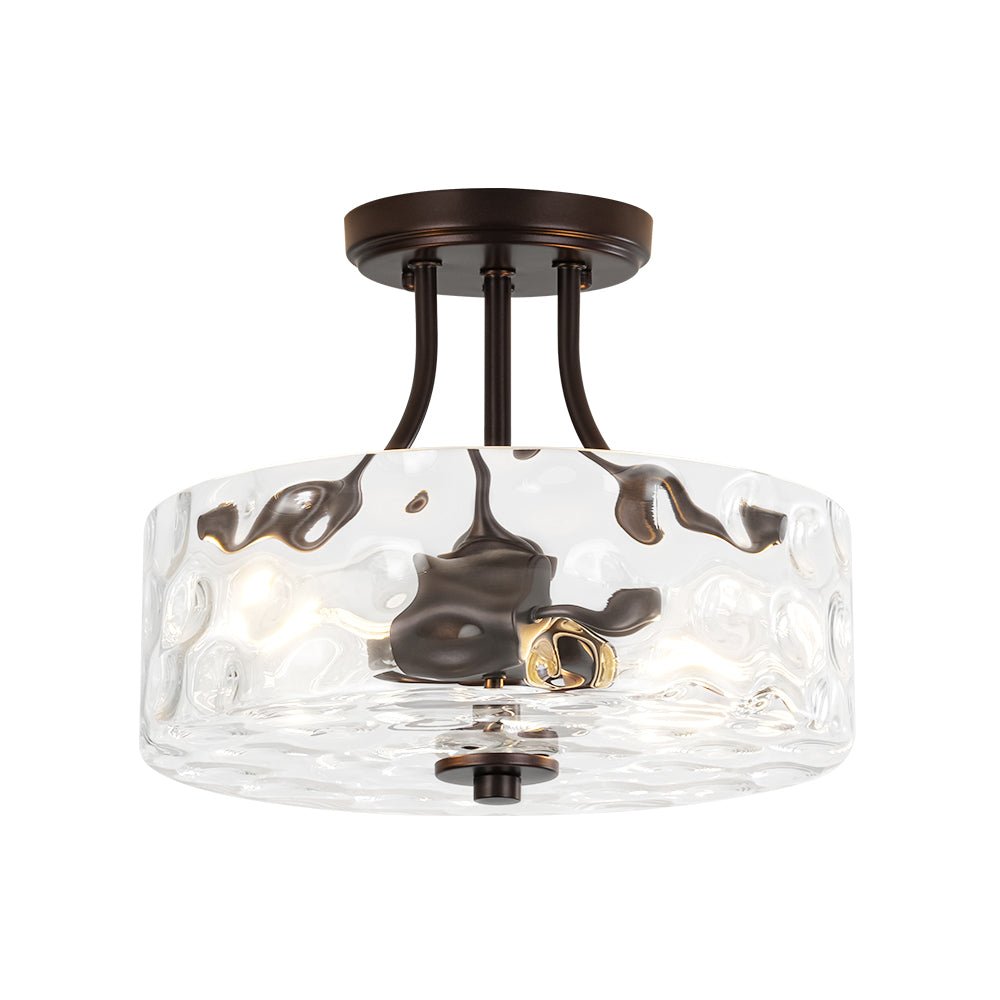 Textured Glass Semi-Flush Ceiling Light 12 Inch Round Drum for Bedrooms Bathrooms Hallways Entryways Compact Spaces Two Bulb Metal Frame Mod
