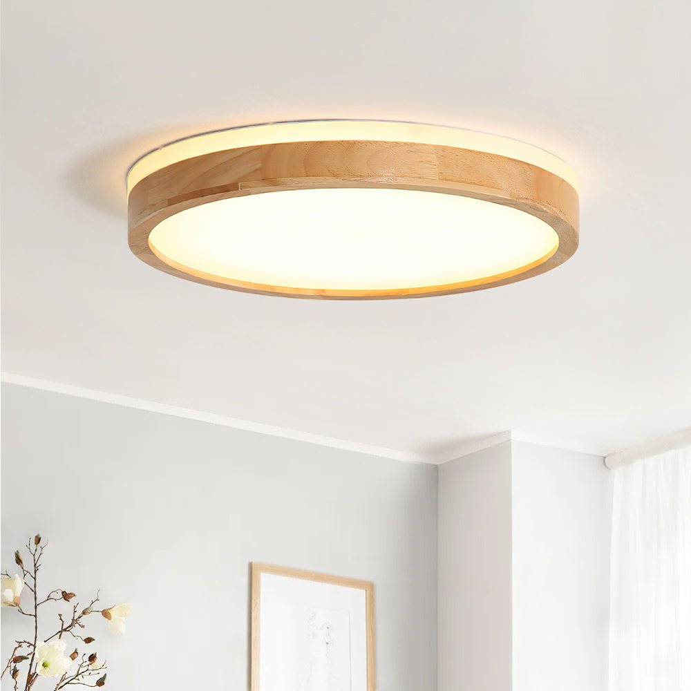 Dimmable Hardwired Ceiling Light Fixture Wood Rim Acrylic Shade 5-Color Temperature Adjustable LED Module for Kitchen Bedroom Living Room