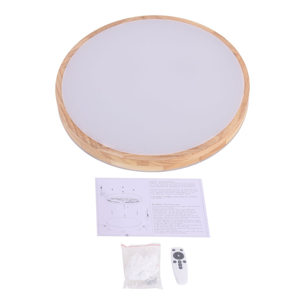 Dimmable Hardwired Ceiling Light Fixture Wood Rim Acrylic Shade 5-Color Temperature Adjustable LED Module for Kitchen Bedroom Living Room
