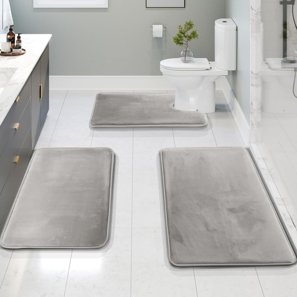 Plush Cushioned Bathroom Rug Set Gray Non-Slip 3-Piece Floor Protection for Shower Toilet Sink Areas Quick-Dry Water-Absorbing Home Decor