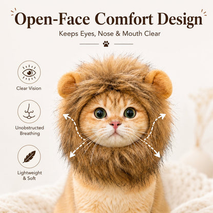Ortekor Soft Lion Mane Pet Headpiece for Cats & Small Dogs - Easy Open-Face Costume for Halloween Photos, Pet Parties & Outdoor Fun