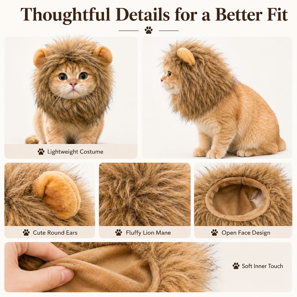 Ortekor Soft Lion Mane Pet Headpiece for Cats & Small Dogs - Easy Open-Face Costume for Halloween Photos, Pet Parties & Outdoor Fun