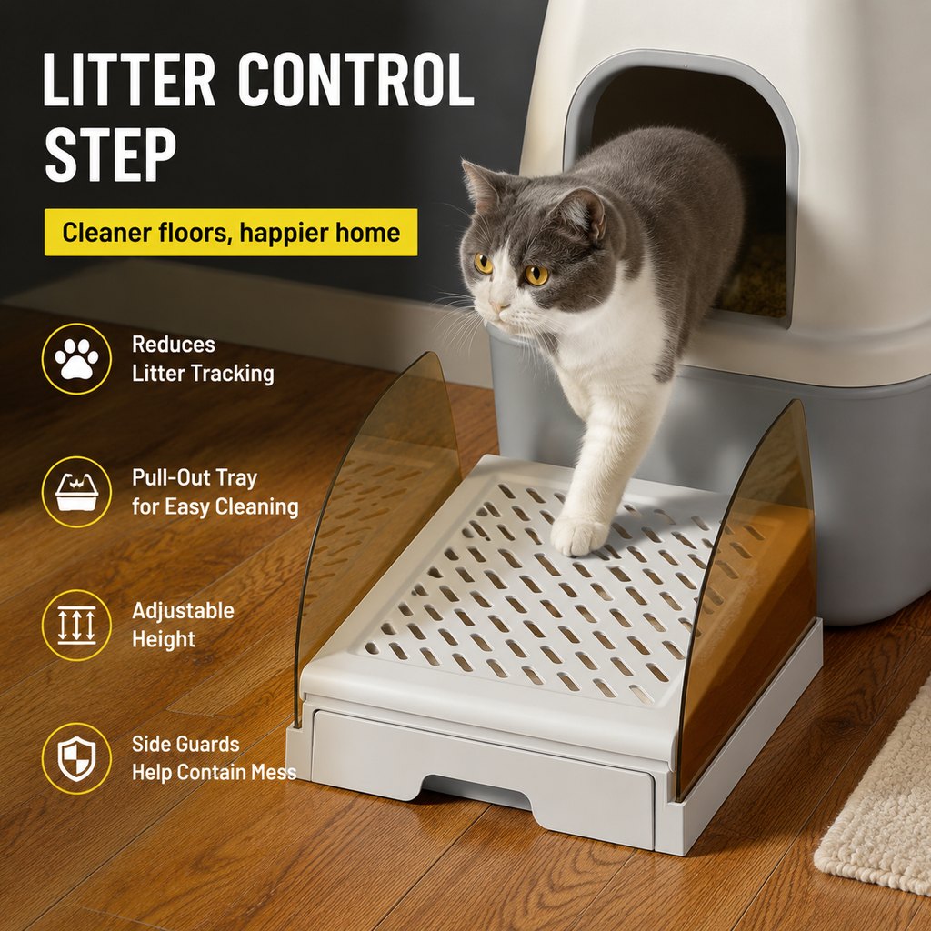 Ortekor Adjustable Cat Litter Box Step with Pull-Out Tray for Cleaner Floors
