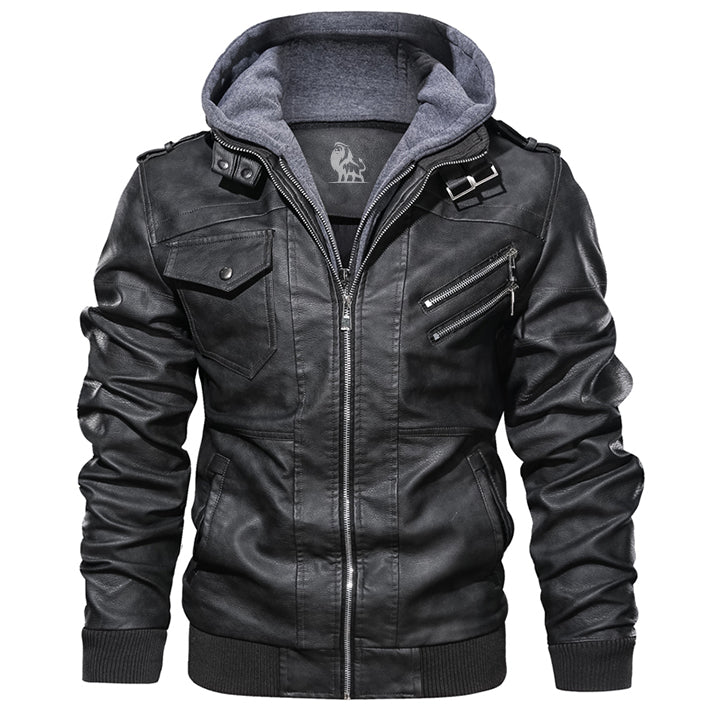 Men's Hooded Faux Leather Moto Jacket with Removable Hood – Waterproof & Scratch-Resistant Outerwear for All Seasons