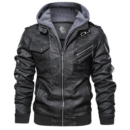 Men's Hooded Faux Leather Moto Jacket with Removable Hood – Waterproof & Scratch-Resistant Outerwear for All Seasons