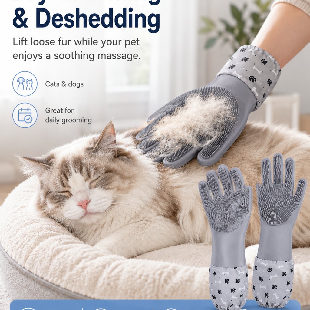 Ortekor Long-Sleeve Pet Bath & Grooming Gloves for Cats & Dogs - Cleaner Baths, Gentle Deshedding & Massage