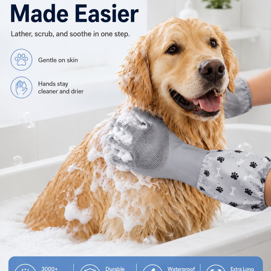 Ortekor Long-Sleeve Pet Bath & Grooming Gloves for Cats & Dogs - Cleaner Baths, Gentle Deshedding & Massage