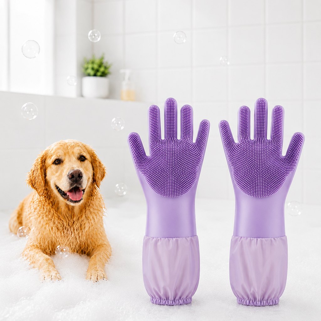 Ortekor Long-Sleeve Pet Bath & Grooming Gloves for Cats & Dogs - Cleaner Baths, Gentle Deshedding & Massage