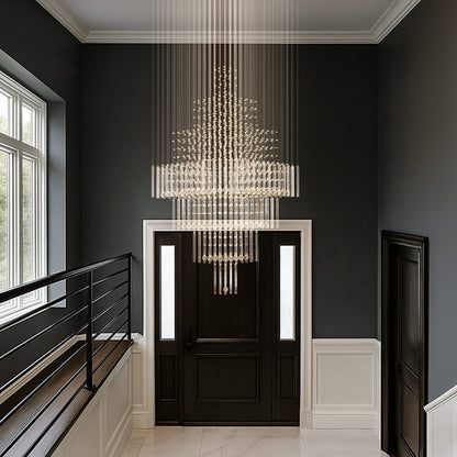 Tiered Crystal Chandelier with Cascading Glass Drops for Foyer, Staircase & High Ceilings – Adjustable Height Modern Lighting Fixture