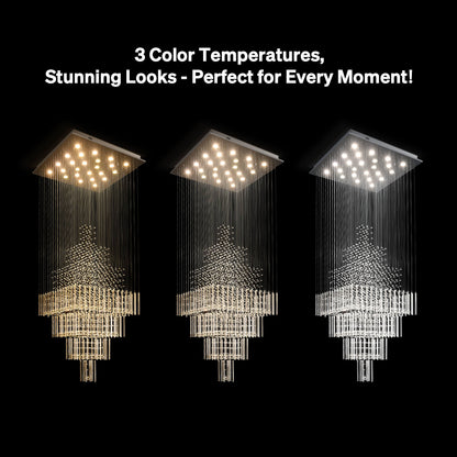 Tiered Crystal Chandelier with Cascading Glass Drops for Foyer, Staircase & High Ceilings – Adjustable Height Modern Lighting Fixture
